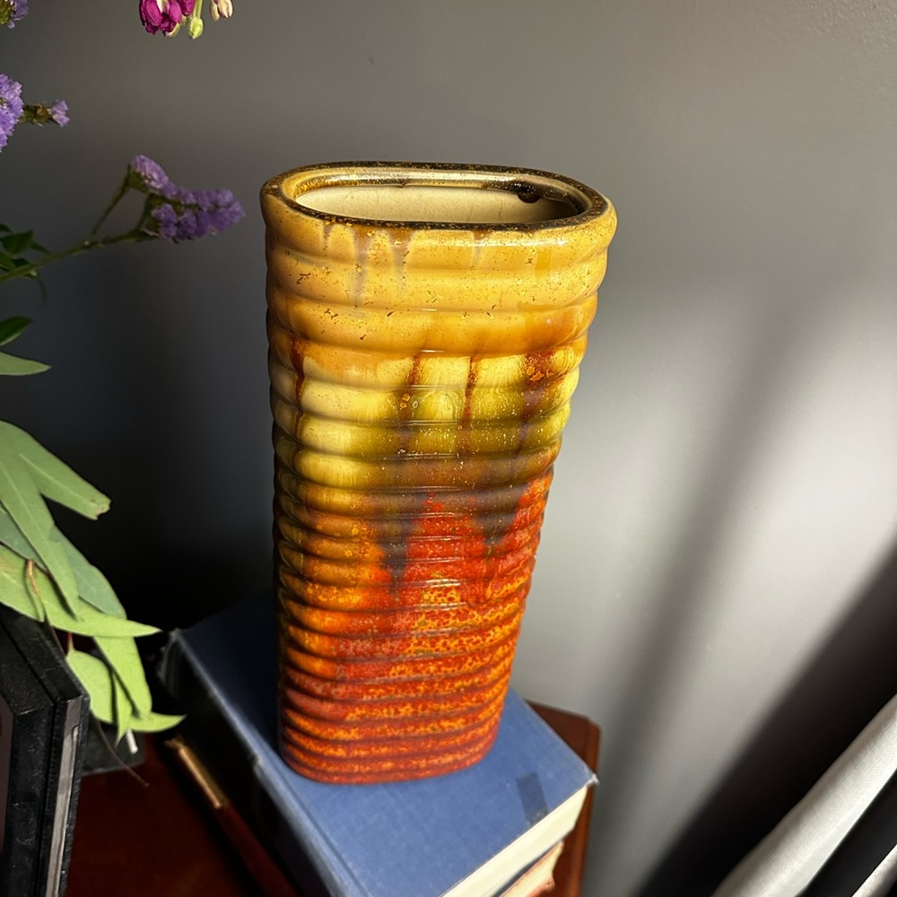 Pottery Vase Cream Green and Orange Drip Colors Ribbed Home Decor MCM